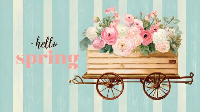 Vintage wooden cart filled with delicate pastel flowers. Watercolor spring illustration with hello spring text. Elegant floral greeting card in shabby chic style.
