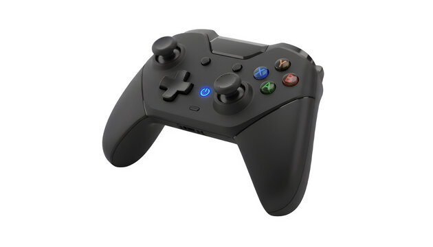 Black Xbox controller in sleek modern style with vibrant colorful buttons in bright lighting for gaming Isolated on white bg