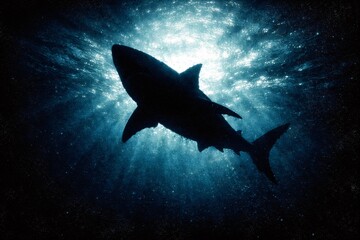 Obraz premium Predatory shark's dark silhouette navigating deep blue water, creating an intense sense of power and mystery while light rays pierce through the shimmering surface