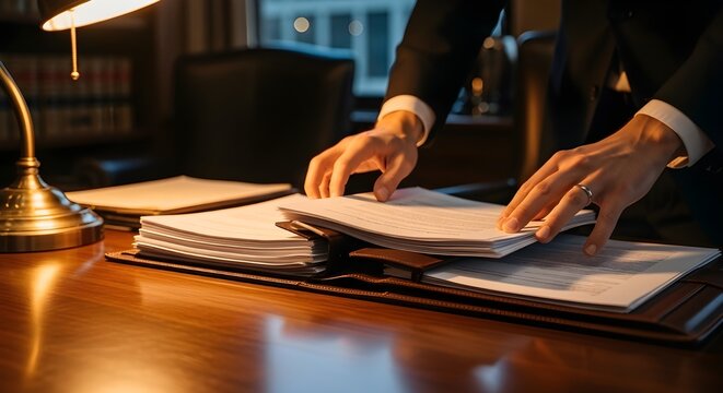 Professional businessman organizing legal documents in a dimly lit office