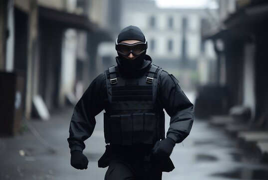 A tactical operator in military gear stands in a dark, urban environment.