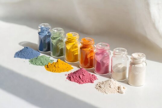 A collection of colorful powdered pigments is arranged on a white surface with sunlight.