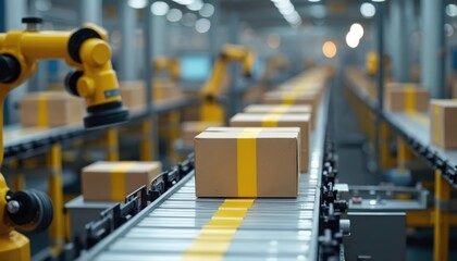 Fototapeta premium Automated factory conveyor belt moves cardboard boxes. Robotic arms assemble products on an assembly line. Warehouse logistics and distribution system.