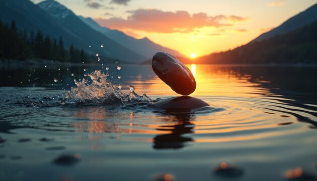 Flat stone skips across calm lake surface creating splash. Mountain landscape glows with warm sunset light. Water reflects orange sky, peaceful nature scene.