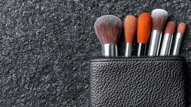 Professional Makeup Brushes in Black Leather Case on Sparkly Background