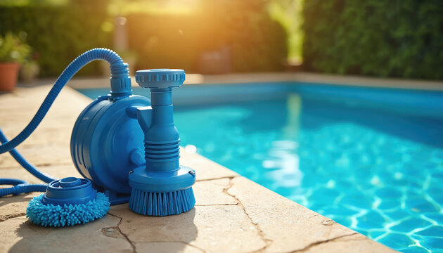 Blue pool pump and cleaning brush sit by edge of clean swimming pool on sunny day. Equipment ready for water filtration and maintenance of backyard swimming area.