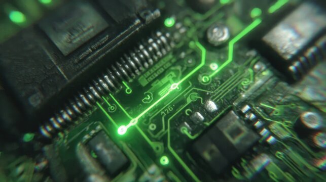 Green Glowing Circuit Board Microchip Close Up