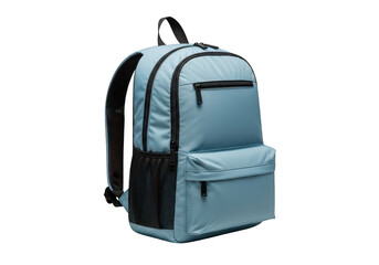 Naklejka premium A light blue backpack with black accents featuring multiple compartments on transparent background