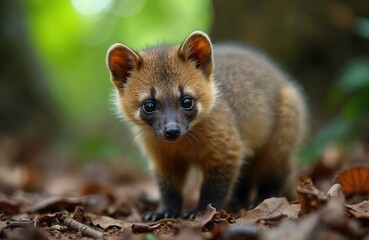 Obraz premium Small coati juvenile on forest floor looks with curiosity. Young mammal stands among fallen leaves, its large eyes are expressive. Wildlife portrait of cute baby coati in natural habitat.