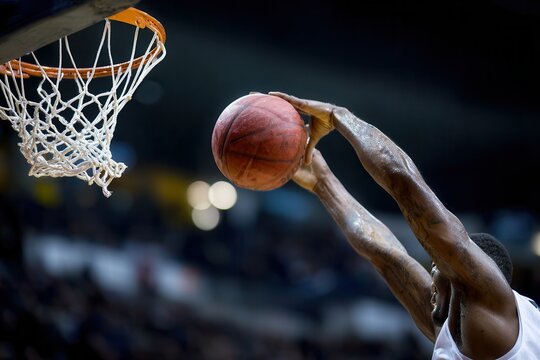 Athletic male in white jersey dunks worn orange ball, tattooed arms, sweat visible, arena lights blurred behind.