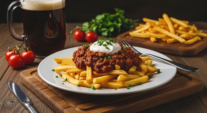 Delicious pub grub loaded fries chili and a refreshing pint of beer