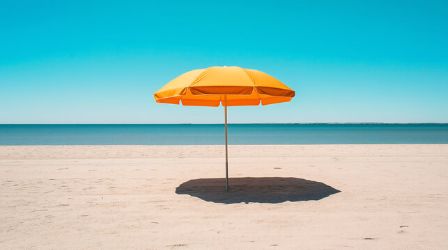 Colorful beach umbrella on sandy beach, copy space