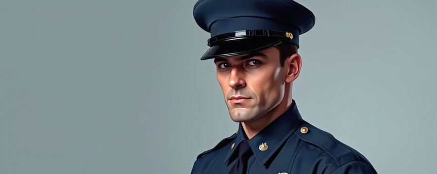 Man in police uniform studio portrait. Male law enforcer looks serious. Officer wears cap, dark blue suit. He is vigilant, professional, trustworthy.