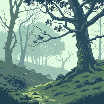 A pixel art landscape of a tree on a grassy hill