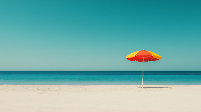 Red beach umbrella planted in sunny sandy beach, space for text