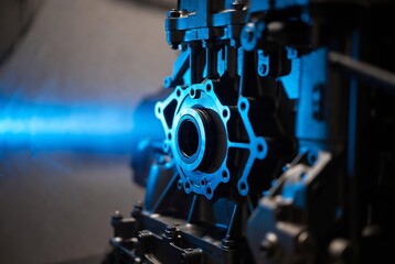 Fototapeta premium A close-up of a blue-lit engine block, suggesting automotive engineering and technology.
