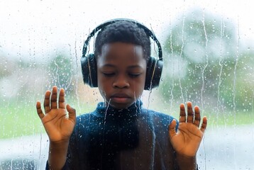Fototapeta premium A young boy with headphones is looking out at rain, lost in thought.