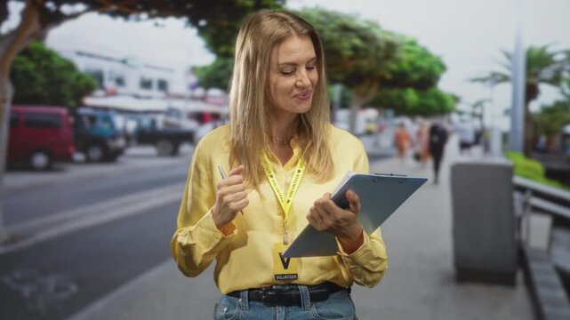 Woman volunteer holding clipboard and pen in hand on street, smiling and gesturing while checking visitor card; helpful friendly service.