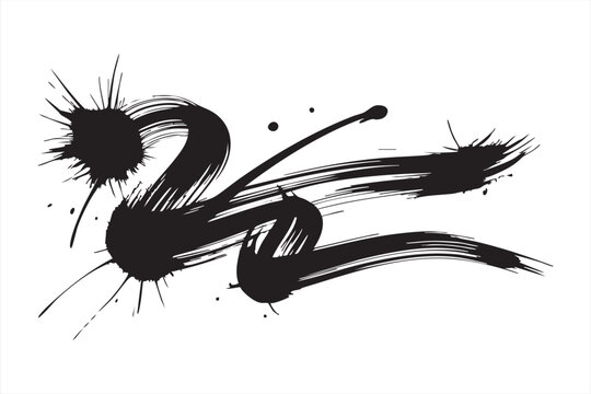 Abstract paint splatter with curved brush stroke isolated on white background black ink decorative