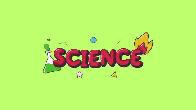 A colorful video animation of a science logo with a beaker and flames