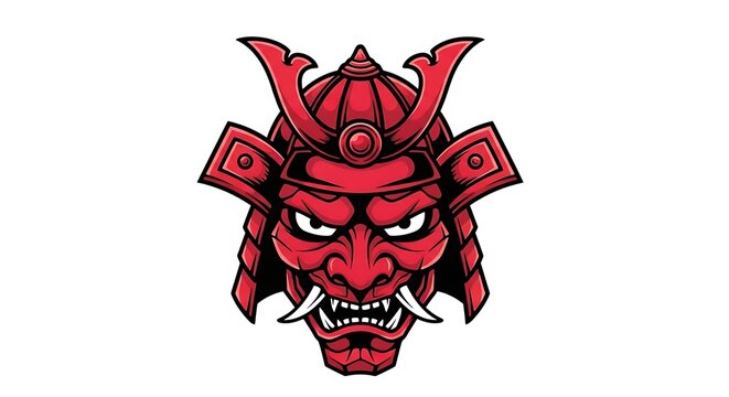 Detailed graphic illustration of a Japanese samurai helmet (kabuto) in red and black, featuring a fierce Oni (demon) mask with sharp teeth and horns.