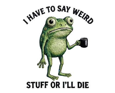 Anxious green frog holding a coffee mug with humorous quote about saying weird stuff graphic.