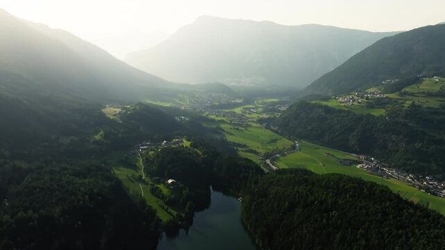 Aerial view of Piburger lake landscape in turol austria. The reservoir is surrounded by mountains and forests in the nature of the alps, travel in europe.