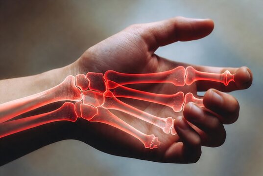 A hand with a skeletal overlay illustrating wrist and hand bones. Someone is gesturing. A studio background.