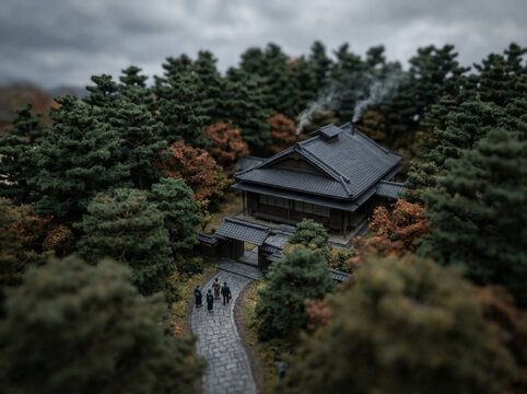 Japanese Crematorium Exterior Pine Trees Family Somber Miniature