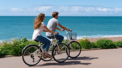 Fototapeta premium Young adult couple bikes side by side on coastal path, ocean waves behind greenery under blue sky. Woman long brown hair, man short brown both casual. Sunlight casts clear shadows., outdoor