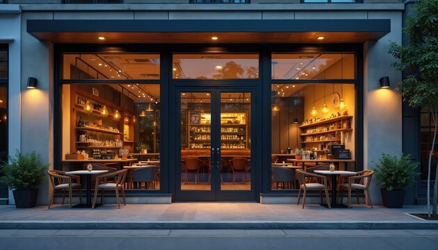Modern cafe exterior glows at dusk with inviting outdoor seating and large glass windows revealing a well-stocked bar inside. The urban scene features warm lighting and a stylish, contemporary design.
