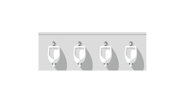 Four pristine white ceramic urinals are mounted in a perfectly straight row against a neutral gray wall featuring long artistic diagonal shadows.