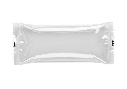Realistic mockup of a blank silver candy wrapper or snack bar packaging on transparent background