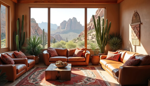 Living room with brown leather couches and patterned pillows. Large windows show a desert mountain landscape with cacti. Southwestern decor includes a rustic coffee table and a patterned rug.