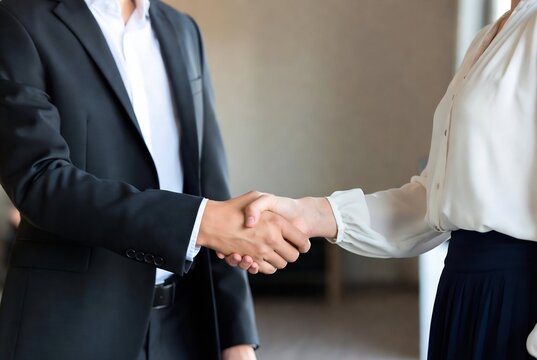 Two business professionals are shaking hands. It appears to be a professional meeting in an office setting.
