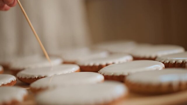 Iced cookies detailed with toothpick on wooden board, baker smoothing glossy icing, shallow focus, careful hands creating uniform patterns, soft warm window light, calm artisanal mood