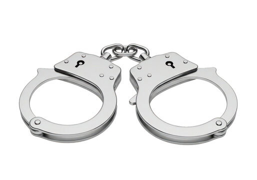 A realistic depiction of silver handcuffs showcasing intricate details on transparent background