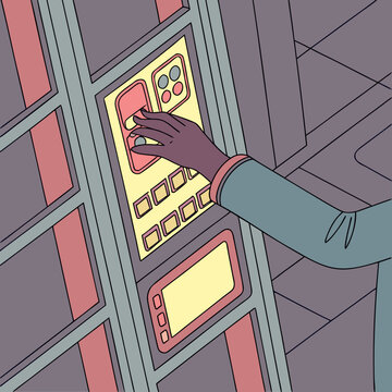 A hand pressing a button on an atm machine