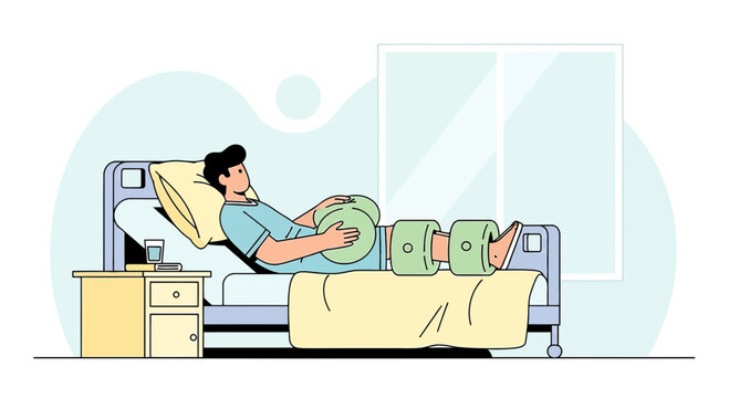 Patient Recovering in Hospital Bed with Leg Traction Device After Surgery
