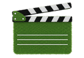Fototapeta premium A vibrant green and black film clapperboard with a grass texture ideal for creative projects on transparent background