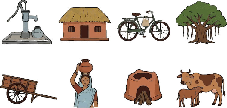 Rural village life elements set with house bicycle tree water pump cow and traditional tools illustration