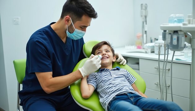 Dentist in mask applies sedation mask to smiling boy in dental chair. Pediatric dentistry focuses on safe, pain free oral care. Doctor uses gas for calm child patient in modern clinic.