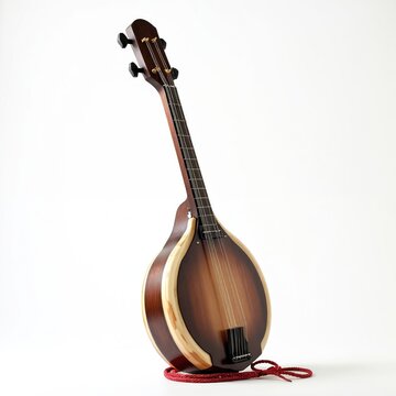 This is a Japanese shamisen, a traditional string instrument with a wooden body and neck. It features frets on its long neck and multiple strings stretched across its body, isolated on white.