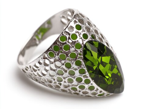 Silver ring displaying a vibrant green marquise cut gemstone set within a perforated metal band, jewelry luxury accessory