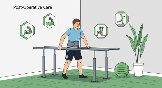 Patient recovering from surgery undergoing physical therapy for post-operative care