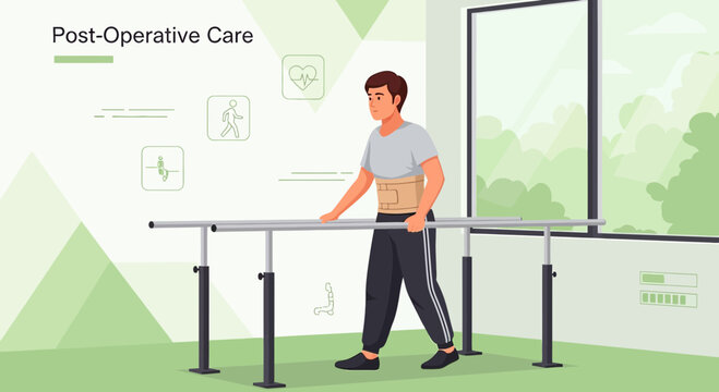 Patient recovering from surgery walking with parallel bars in physical therapy