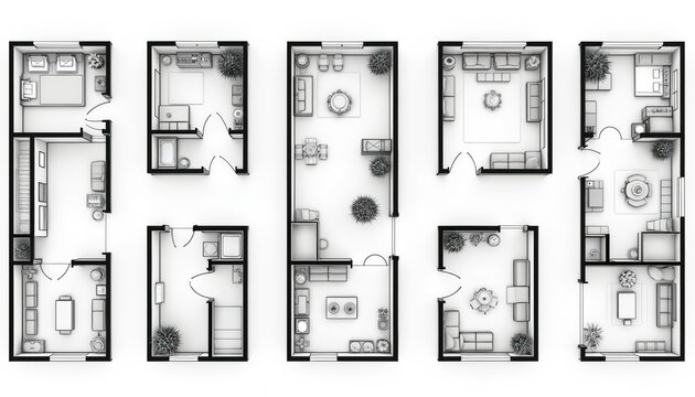 Top view blueprint layouts of different homes. Simple line drawings show rooms furniture arrangement inside apartments. Visualizations present house floor plans for interior design.