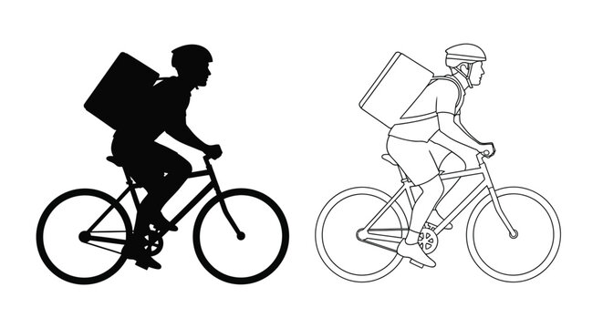Two delivery cyclists depicted in contrasting black and white styles