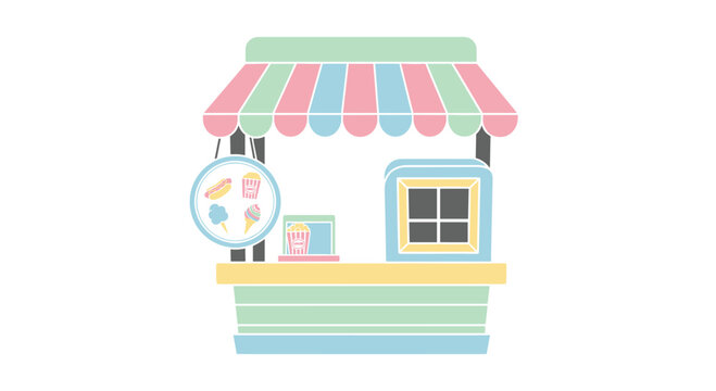 A charming pastel-colored food concession stand features a striped awning and a circular menu sign displaying various snacks against a clean white background.