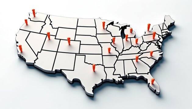 USA map with red pins marking various locations. Visual represents travel destinations across America, key cities, regions. Useful for planning trips understanding US geography.